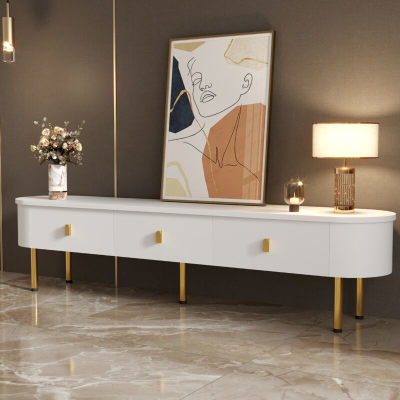 foto del prodotto neche mobile tv led 174 x 35 x 41 cm, elegante cassettiera tv con 3 cassetti, angoli curvi, gambe dorate, design elegante, bianco