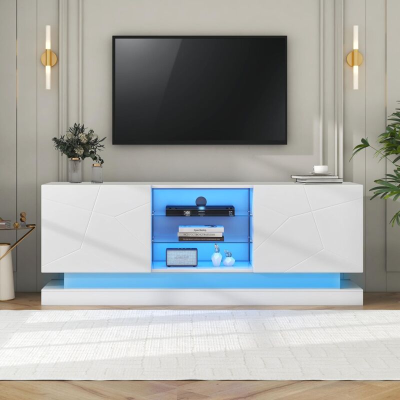 foto del prodotto neche mobile tv led bianco satinato con ripiano in vetro regolabile, 7 scomparti, cassettiera porta tv per soggiorno, 160x38,5x60 cm