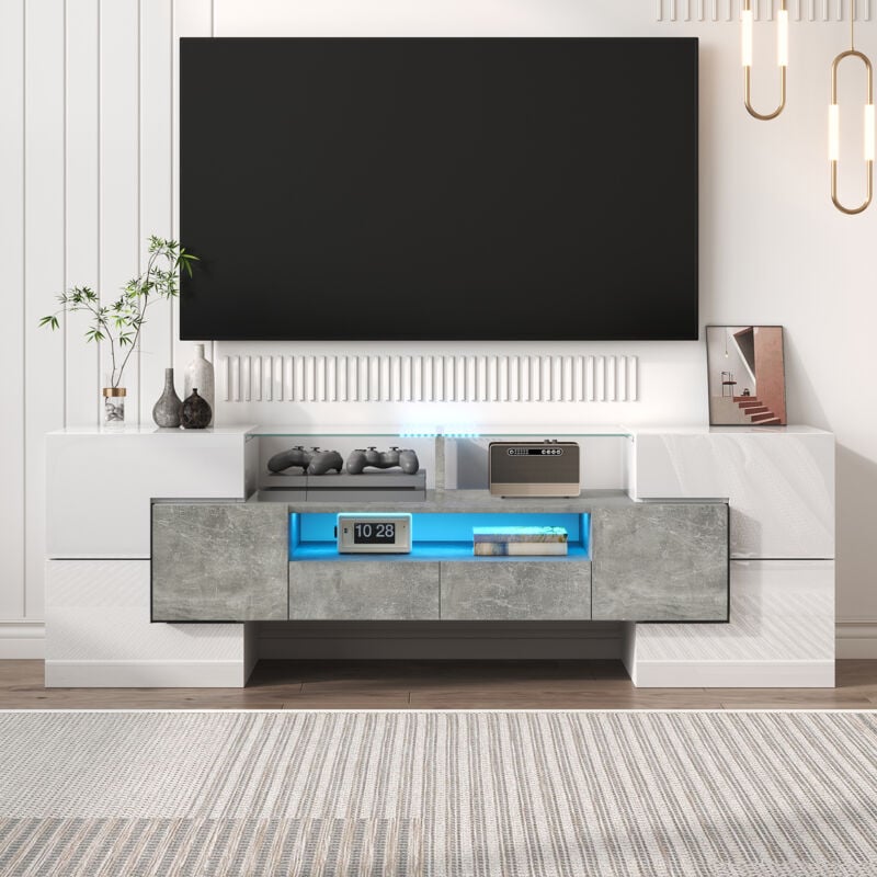 foto del prodotto neche mobile tv led lucido 145x30x51 cm, mobile soggiorno dal design moderno, elegante superficie in vetro, bianco grigio