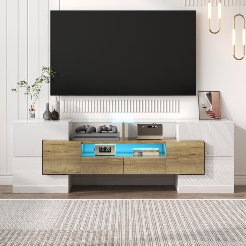foto del prodotto neche mobile tv led lucido 145x30x51 cm, mobile soggiorno dal design moderno, elegante superficie in vetro, bianco legno