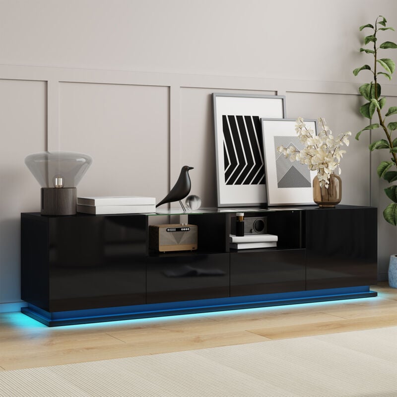 foto del prodotto neche mobile tv led lucido con ripiani in vetro, 2 cassetti e 2 ante, cassettiera tv nera per soggiorno, 165 x 38 x 43 cm