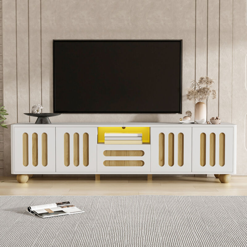 foto del prodotto neche mobile tv led moderno con 4 ante dal design unico 1 cassetto, piedini sferici, effetto bianco e legno, 180 x 40 x 47 cm