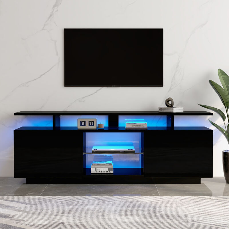 foto del prodotto neche mobile tv led moderno in 16 colori, elegante mobiletto portaoggetti, ante lucide con scomparti in vetro, capacit tv 60 nero