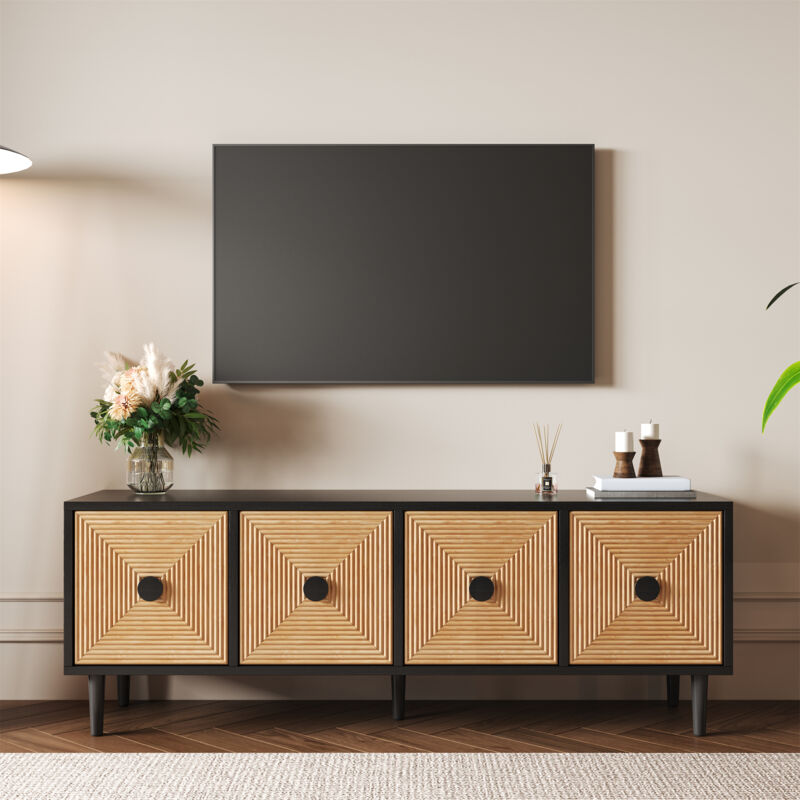 foto del prodotto neche mobile tv mobile basso in bamb , mobile tv con contenitore, 4 scomparti portaoggetti, 150 x 39,5 x 55 cm