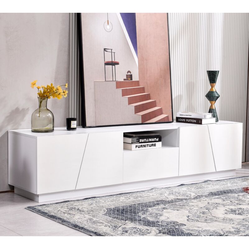 foto del prodotto neche mobile tv moderno bianco 170cm con 1 cassetto, diagonali stile patchwork, 4 ante 2 ampi vani portaoggetti