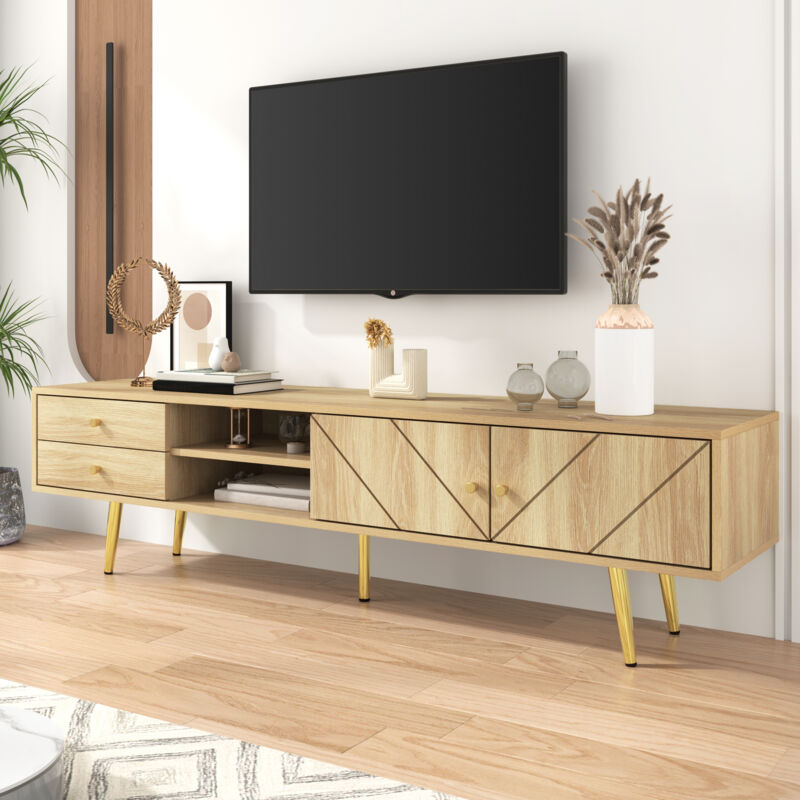 foto del prodotto neche mobile tv moderno ed elegante con 2 cassetti 2 ante dal design geometrico unico, gambe dorate, 160 x 36 x 42 cm