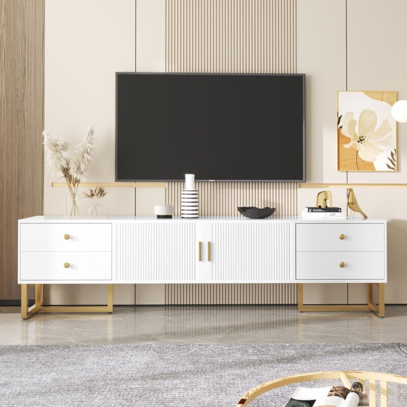 foto del prodotto neche mobile tv moderno ed elegante con 4 cassetti, ante texturizzate, maniglie dorate e gambe dorate, 175x30x46cm, bianco