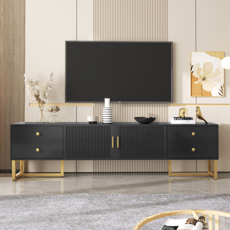 foto del prodotto neche mobile tv moderno ed elegante con 4 cassetti, ante texturizzate, maniglie dorate e gambe dorate, 175x30x46cm, nero