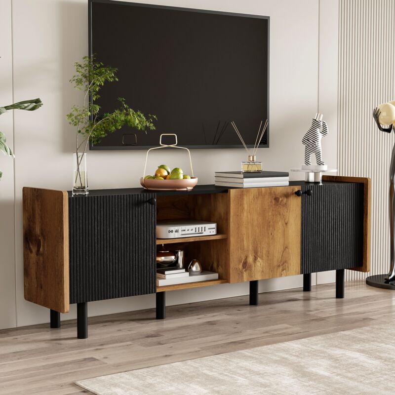 foto del prodotto neche mobile tv moderno in legno e nero con 3 ante e 2 vani aperti, 5 vani portaoggetti, 160x40x58cm