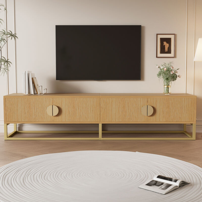 foto del prodotto neche mobile tv naturale con venature del legno, mobile da pranzo moderno, 4 ante, maniglie semicircolari, 180 x 40 x 40 cm