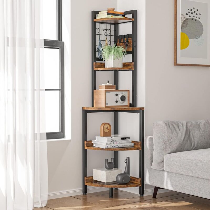 foto del prodotto neche scaffale angolare vintage a 5 ripiani, libreria portaoggetti, unit organizzativa, marrone nero, design industriale, 40 x 40 x 152 cm