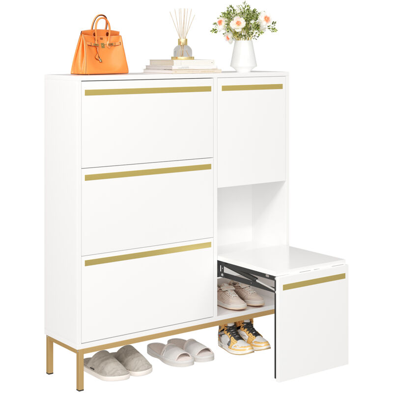 foto del prodotto neche scarpiera lucida con sgabello fasciatoio, 3 ripiani a ribalta per scarpe ripiano aperto, 105x115,5x25 cm, bianco