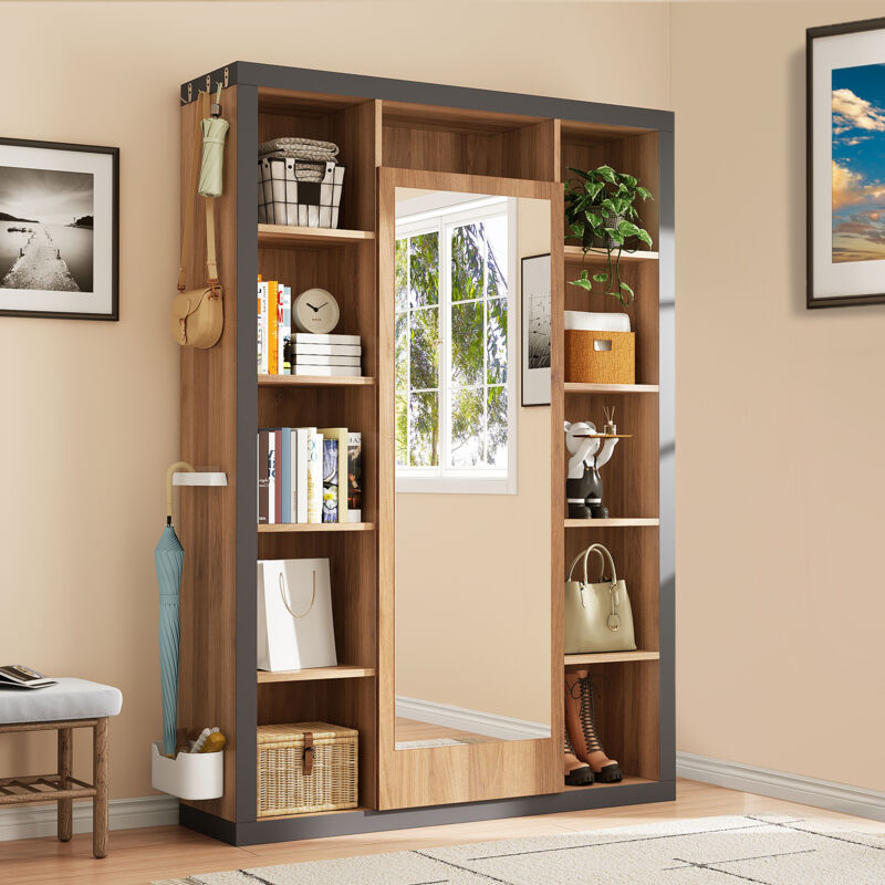 foto del prodotto neche set da ingresso 3 in 1, appendiabiti con specchio, vetrina multifunzionale, libreria, vaschetta raccogligocce ganci grucce
