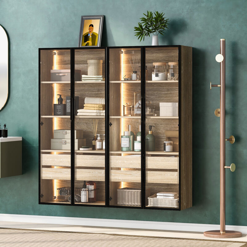 foto del prodotto neche set di 2 mobili contenitori da bagno medi, 4 cassetti grandi 8 ripiani 4 ante in vetro striscia luminosa a led, mobili da