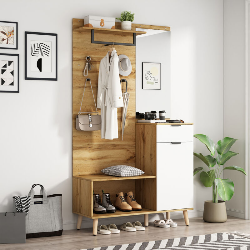foto del prodotto neche set di mobili da ingresso 6 in 1 con specchio, moderno armadio da ingresso multifunzionale in legno da 190 cm, pratico contenitore