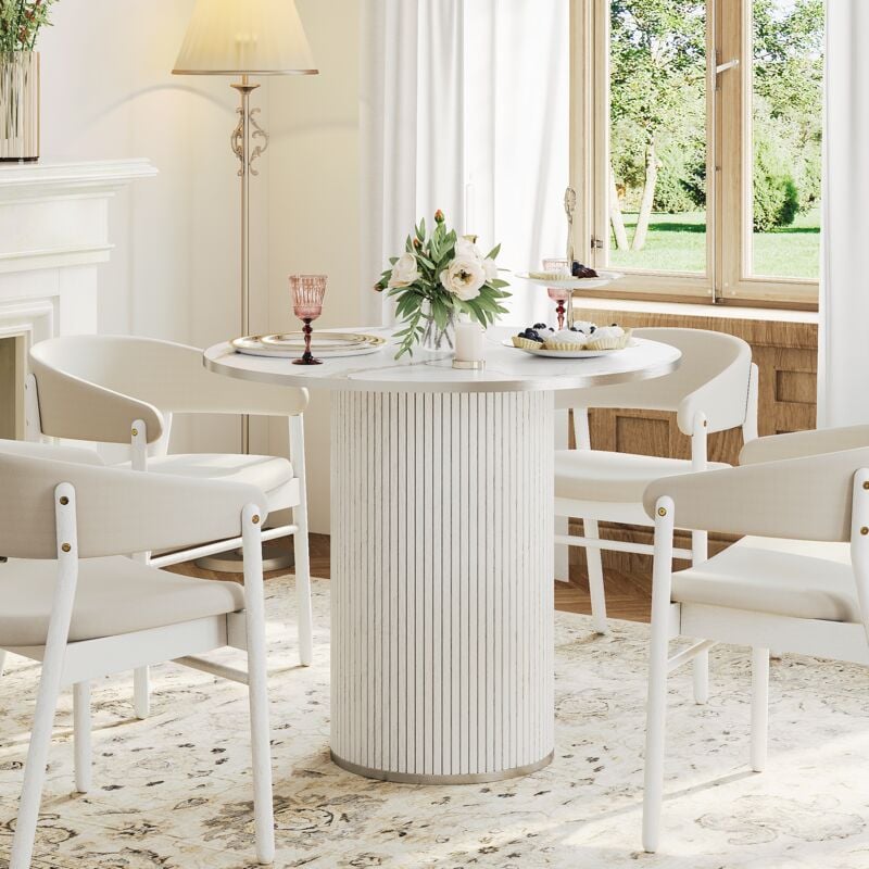 foto del prodotto neche tavolo da pranzo rotondo per 4 persone, tavolo da pranzo con base a doghe in legno, per cucina, soggiorno, bianco solo tavolo 