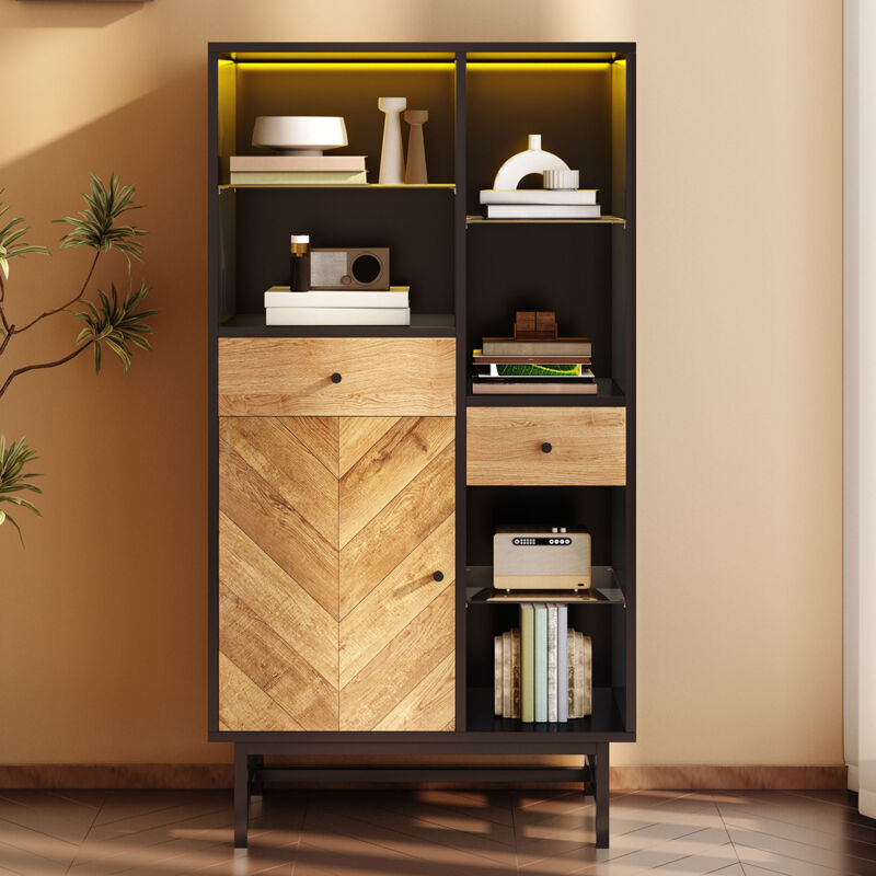 foto del prodotto neche vetrina buffet 80l x 40w x 150,5hcm con striscia luminosa a led a 12 colori, cassetti e ripiani in vetro, venature del legno triangolari