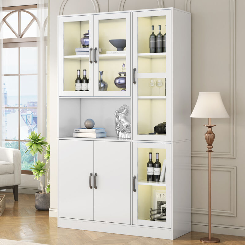 foto del prodotto neche vetrina con illuminazione a led, librerie moderne con ripiani per riporre oggetti, 6 ante, 120 40 200 cm per soggiorno, bianco