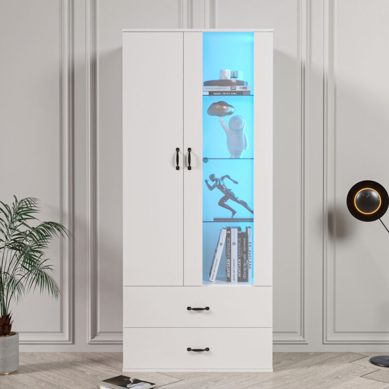foto del prodotto neche vetrina con illuminazione a led, mobile per soggiorno con ripiani e 2 cassetti, mobiletto per soggiorno, 182x59,5x35 cm, bianco
