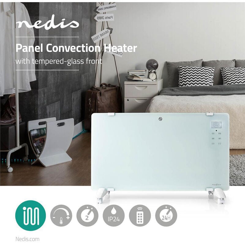 foto del prodotto nedis termoventilatore riscaldatore elettrico 1000 2000 w termostato regolabile 2 impostazioni di calore riscaldatore telecomando timer vetro bagno