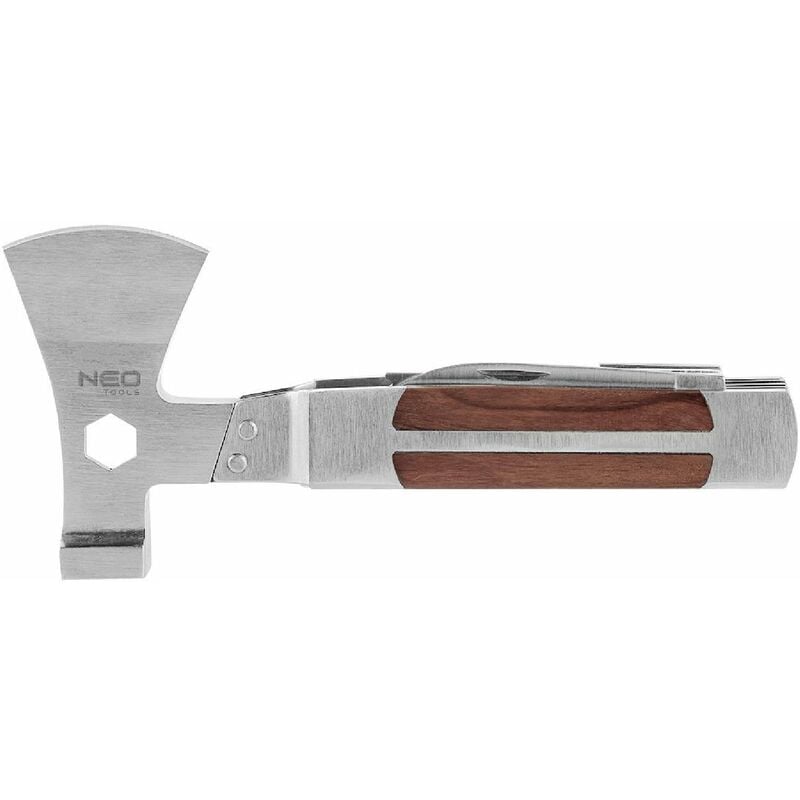 foto del prodotto neo utensile da escursione multifunzione 11 in 1 con corpo in acciaio inox e manico rivestito in legno