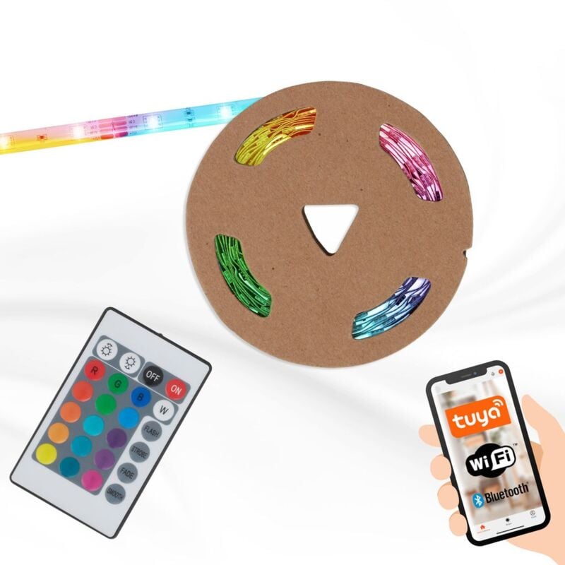 foto del prodotto ner striscia led 5m, striscia led wifi, bluetooth, rgb, controllo app, striscia flessibile con telecomando, autoadesivo, ip20, bianco, 5.000x10x3mm