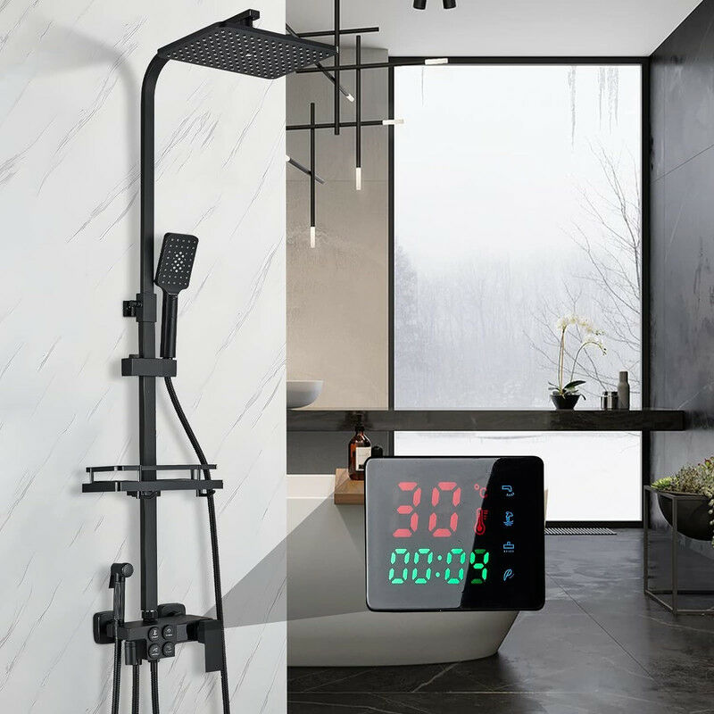 foto del prodotto nera colonna doccia con display lcd onyzpily multifunzione sistema doccia con miscelatore per vasca,con soffione doccia quadrata,ripiano