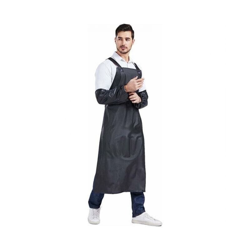 foto del prodotto nero, grembiule maniche regolabile grembiule impermeabile resistente, grembiule da lavoro in gomma l 