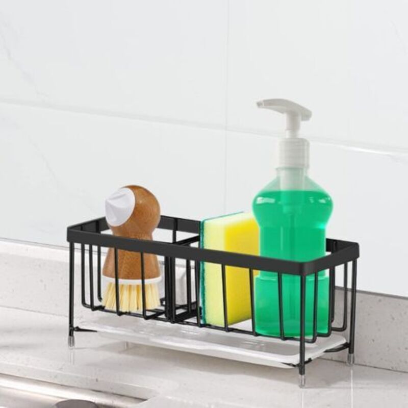 foto del prodotto nero porta spugna per lavello da cucina, organizer per lavello in acciaio inox 304, scolapiatti, porta sapone, supporto regolabile da appendere