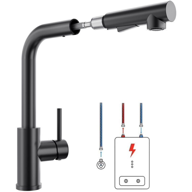 foto del prodotto nero rubinetto cucina estraibile a bassa pressione, rubinetto da cucina con doccetta estraibile fino a 50cm, girevole a 360 miscelatore monocomando
