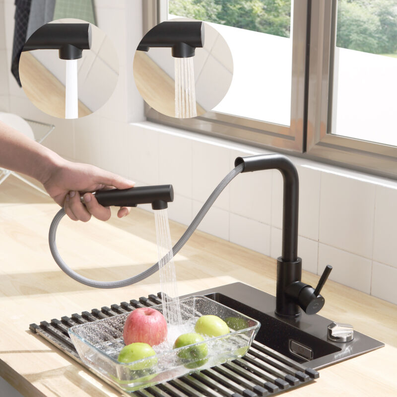 foto del prodotto nero rubinetto da cucina in acciaio inossidabile, rubinetto da cucina tirabile, girevole a 360o, acqua calda e fredda regolabile