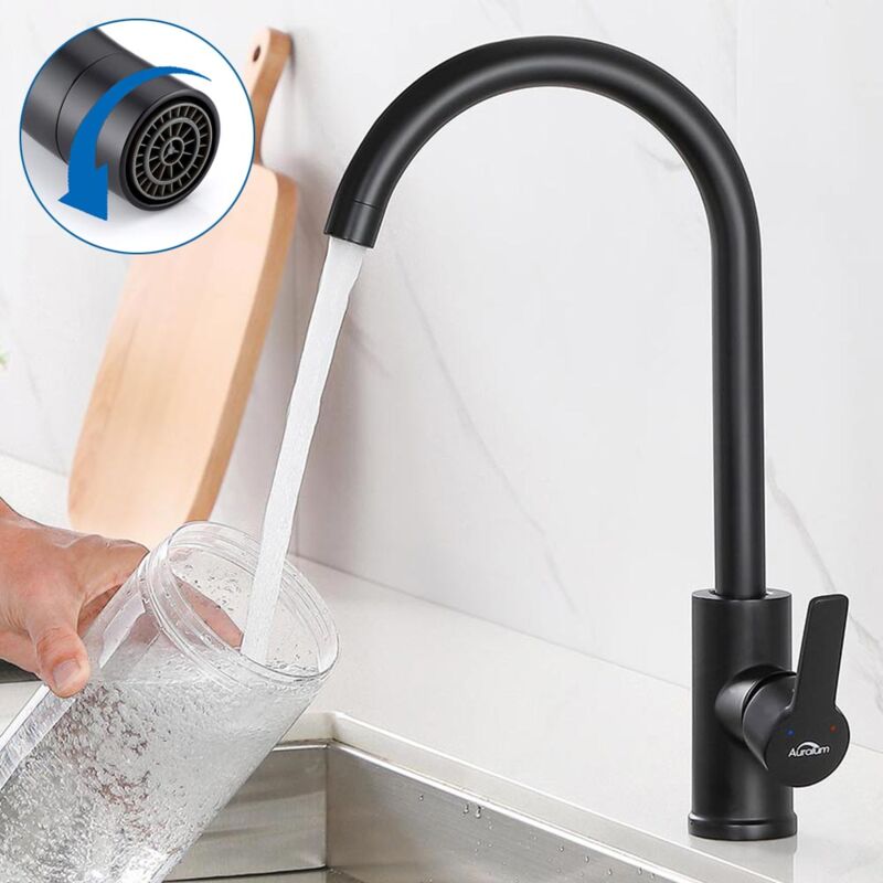 foto del prodotto nero rubinetto miscelatore da cucina alto monocomando per lavello con acciaio inossidabile e girevole a 360 acqua fredda e calda