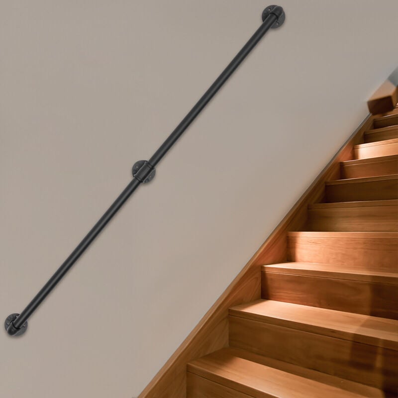 foto del prodotto nero scala corrimano, 153cm 5ft corrimano tubi tubo di ferro zincato fissato al muro, per scale indoor outdoor balaustre scala, per anziani bambini