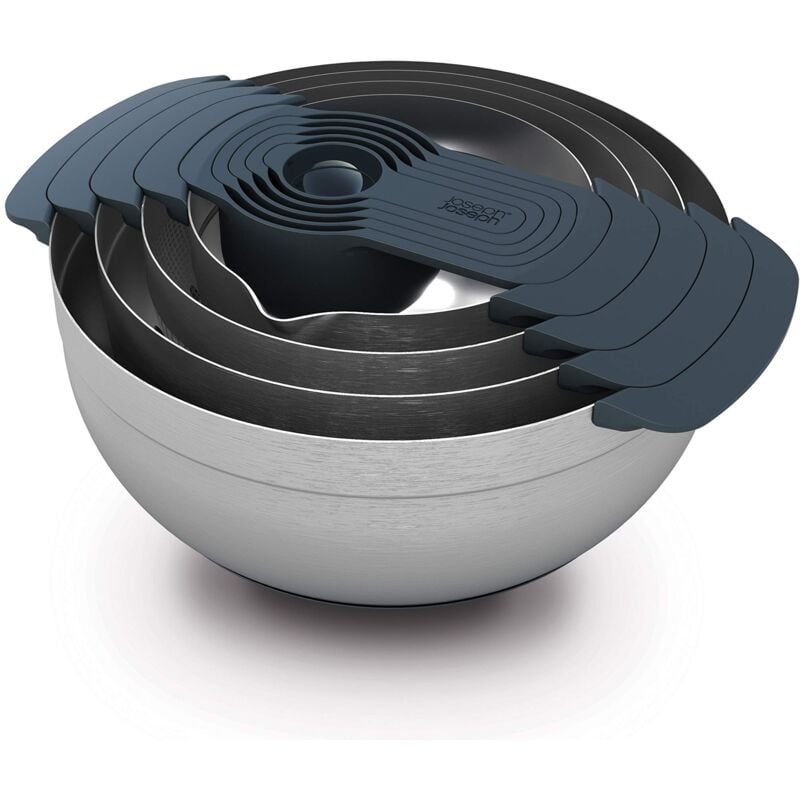 foto del prodotto nest 9 plus, set compatto per la preparazione degli alimenti da 9 pezzi con ciotole per mescolare, misurini, setaccio e colino, acciaio inossidabile