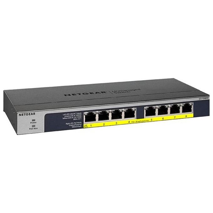 foto del prodotto netgear gs108pp 100eus switch unmanaged gigabit a 8 porte 10 100 1000mbps tutte con poe budget poe di120w supporto di jumbo frame f