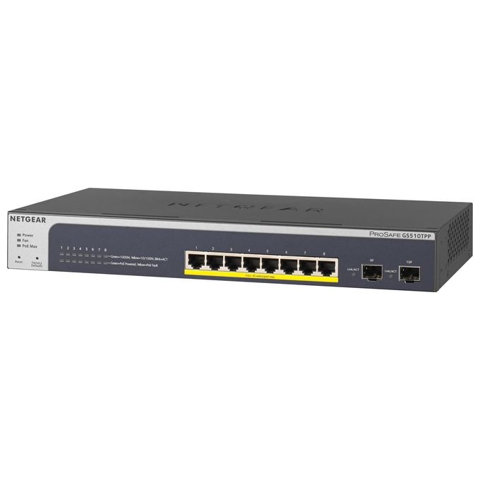 foto del prodotto netgear prosafe gs510tpp switch l3 lite intelligente 8 x 10 100 1000 poe 2 x sfp desktop, montabile su rack poe 190 w 