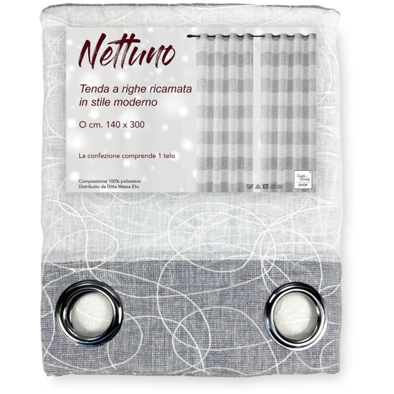foto del prodotto nettuno ricamata a righe 140x300 cm grigio con lurex stile moderno poliestere semitrasparente con anelli