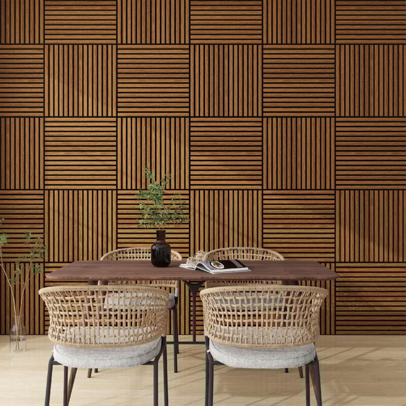 foto del prodotto neu.holz set vang di 4 pannelli murali 3d fonoassorbenti 60x60 cm a listelli dritti copertura 1,44 m effetto legno teak