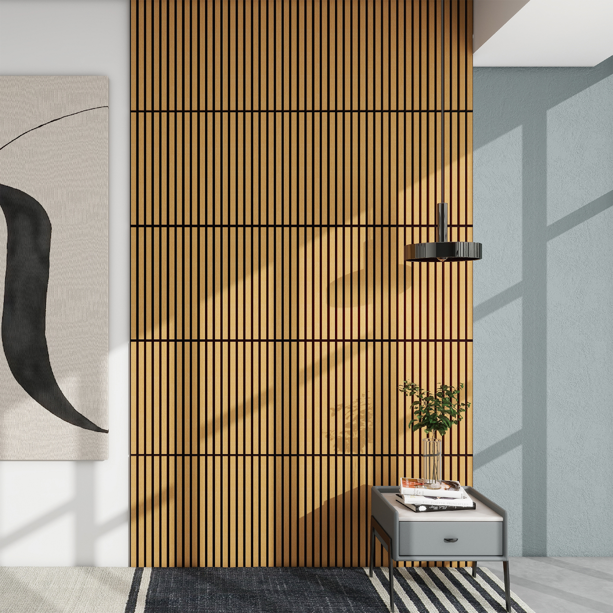 foto del prodotto neu.holz set vang di 4 pannelli murali 3d fonoassorbenti 60x60 cm a listelli dritti copertura 1,44 m effetto rovere scuro