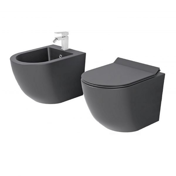 foto del prodotto new bent grey set coppia sanitari sospesi rimless senza brida , grigio opaco , coprovaso soft close incluso