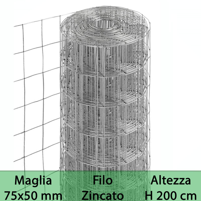 foto del prodotto nextradeitalia 1 pz rete per recinzione zincata altezza h 200 cm maglia elettrosaldata 75x50 mm filo 1,7 mm lughezza rotolo da 25 mt per