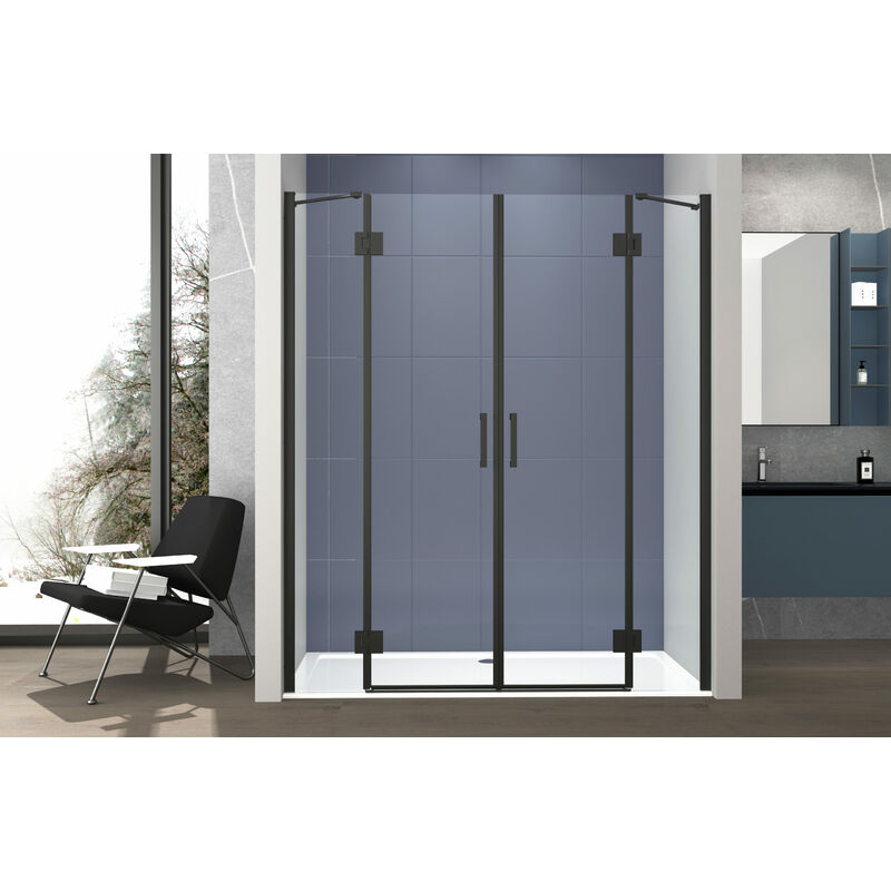 foto del prodotto nicchia doccia 160 cm saloon doppio battente cristallo temperato 6mm profilo nero opaco h200 cm lena