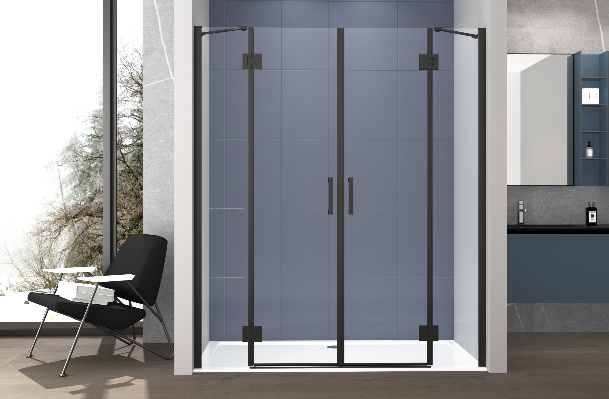 foto del prodotto nicchia doccia 240 cm saloon doppio battente cristallo temperato 6mm profilo nero opaco h200 cm lena