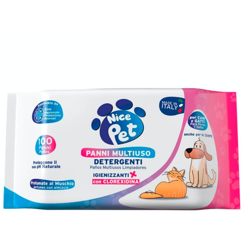 foto del prodotto nice pet salviette igienizzanti cani, gatti con clorexidina - 100 salviette - proteggono il ph naturale - profum al muschio - salvette ideali per l'igiene manto di cani e gatti salviette cane