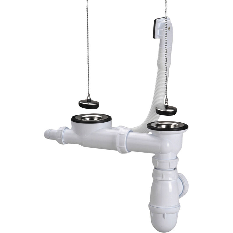 foto del prodotto nicoll scarico completo per lavello a 2 vasche in acciaio inox con sifone e troppopieno da 70 mm foro da 50 mm