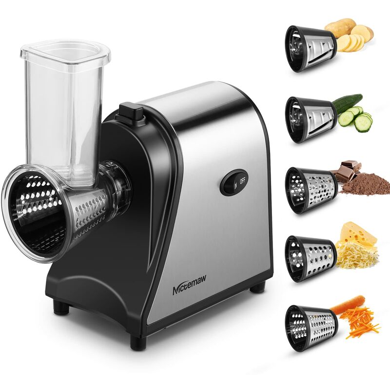 foto del prodotto nictemaw tagliaverdure elettrico, 250 w, grattugia da cucina, tritatutto per verdure con 5 tamburi da taglio, in acciaio inox