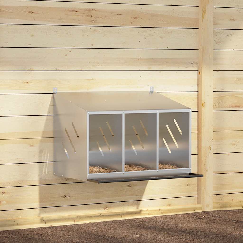 foto del prodotto nido per polli con 3 scomparti in metallo galvanizzato argento