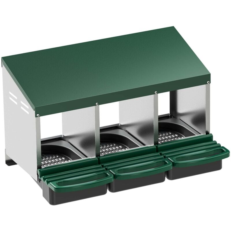 foto del prodotto nido triplo per galline ovaiole con vassoio di raccolta 81 x 52 x 48 cm, 3 nidi per uova di gallina, con fori di ventilazione, in plastica, montaggio