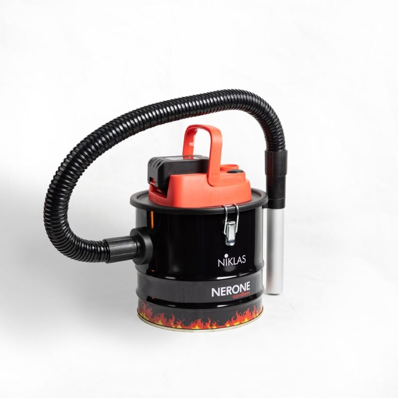 foto del prodotto niklas aspiracenere 110w a batteria con filtro hepa per pulizia stufe e camini 10 litri nerone