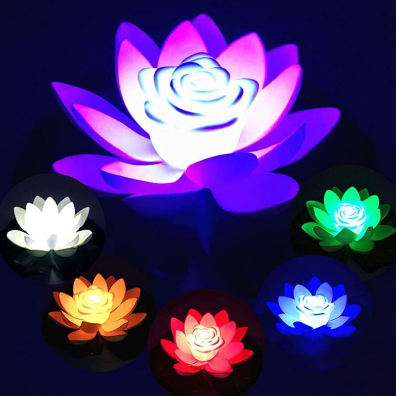 foto del prodotto ninfea galleggiante artificiale, luce per piscina a forma di loto, ninfea galleggiante a led a forma di loto per laghetto, piante di fiori di loto in